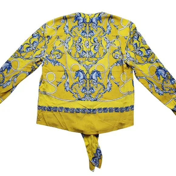 Anthropologie Maeve Elan Scarf Print Blouse 0 Yellow Horse Tie Front Equestrian - Picture 14 of 15